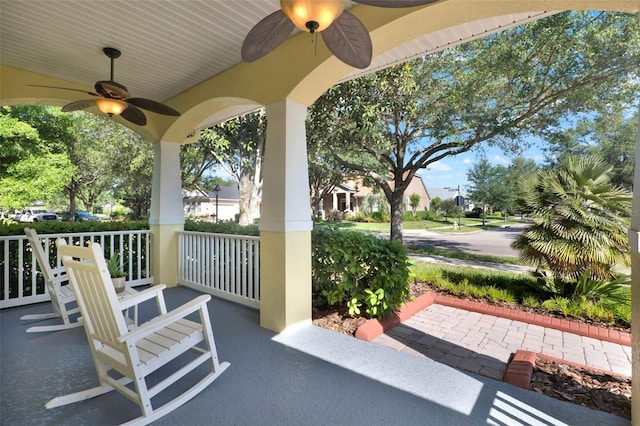 view of patio / terrace with a porch and ceiling fan