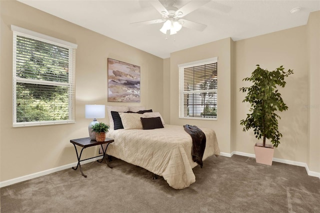 bedroom featuring baseboards, multiple windows, and carpet