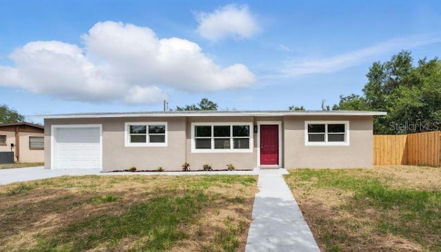 view of front of house with fence, central AC, stucco siding, driveway, and a garage