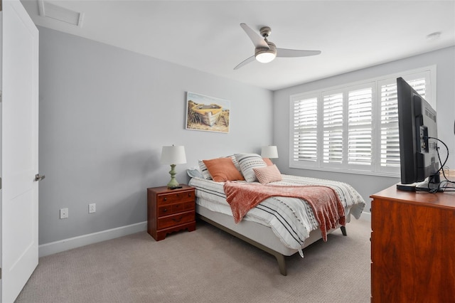 bedroom featuring carpet floors, baseboards, ceiling fan, and visible vents