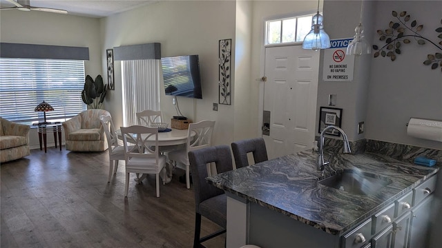 dining area featuring dark wood finished floors and a ceiling fan