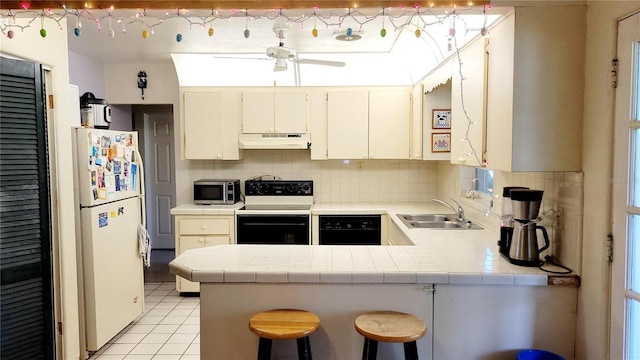 6639 Renaldo Way S, Saint Petersburg, FL 33707 - kitchen featuring electric range, freestanding refrigerator, black dishwasher, under cabinet range hood, and a sink