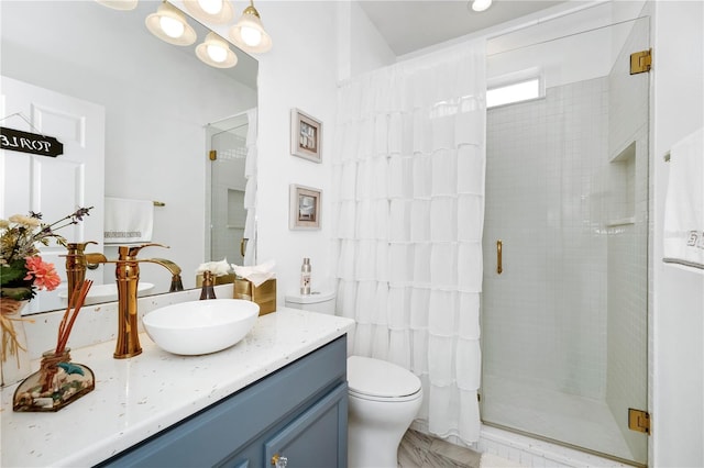 full bathroom featuring toilet, a stall shower, and vanity