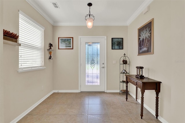 doorway with plenty of natural light, visible vents, baseboards, and ornamental molding