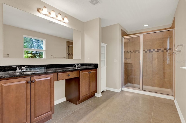 bathroom featuring visible vents, a sink, double vanity, and a stall shower