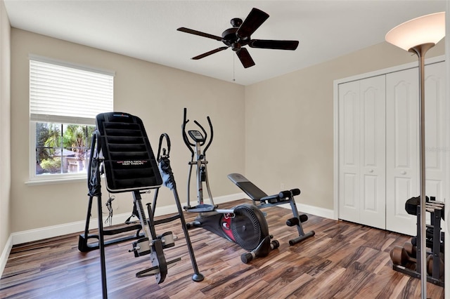 workout room featuring baseboards, a ceiling fan, and wood finished floors