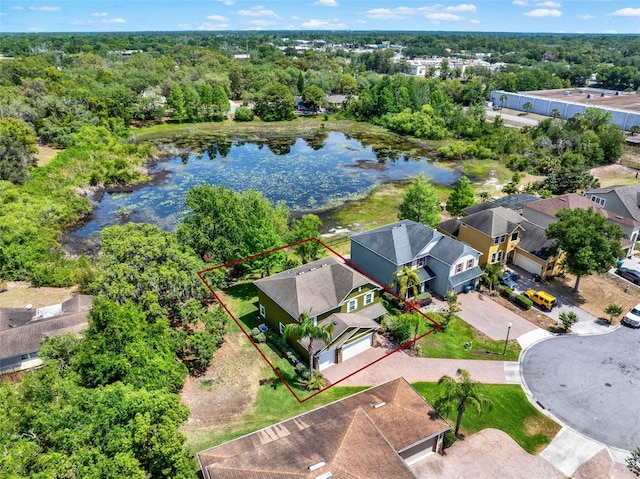 aerial view featuring a water view and a residential view