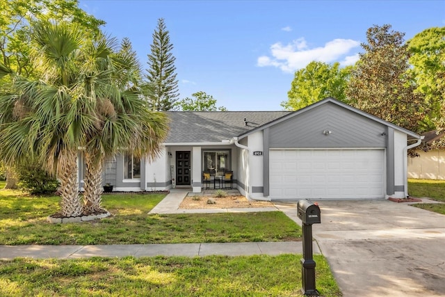 ranch-style home with an attached garage, a shingled roof, concrete driveway, and stucco siding