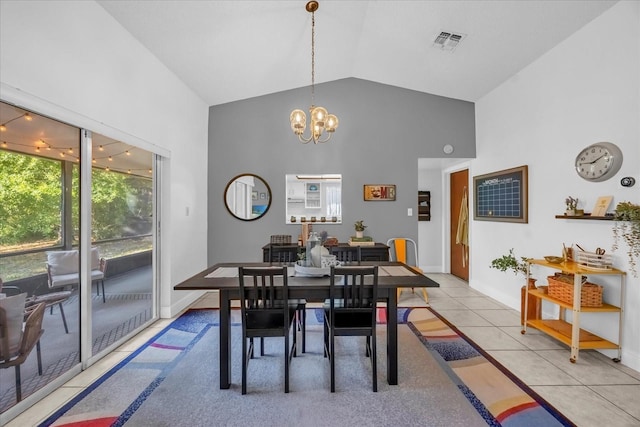 dining space with high vaulted ceiling, visible vents, light tile patterned flooring, baseboards, and a notable chandelier