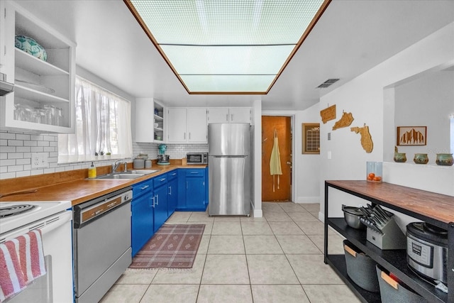 kitchen with visible vents, a sink, freestanding refrigerator, dishwashing machine, and blue cabinetry