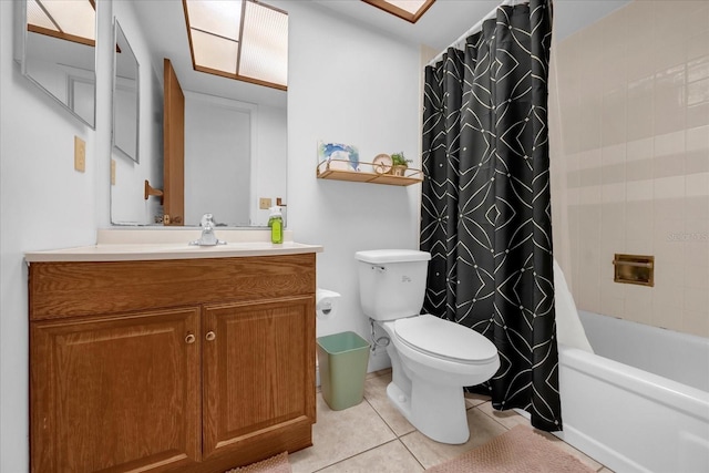 bathroom featuring toilet, tile patterned floors, vanity, and shower / bath combination with curtain