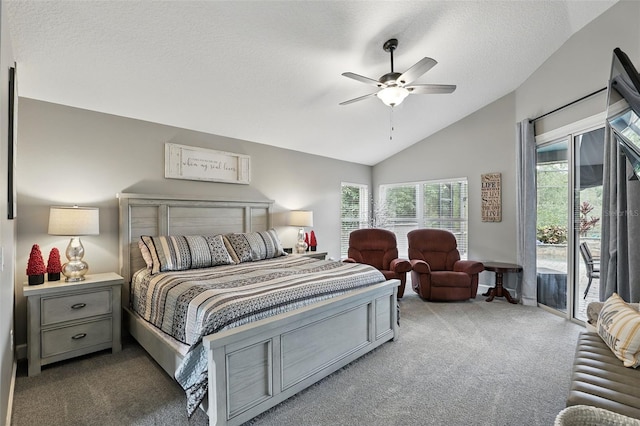 bedroom featuring carpet, vaulted ceiling, access to exterior, a textured ceiling, and ceiling fan