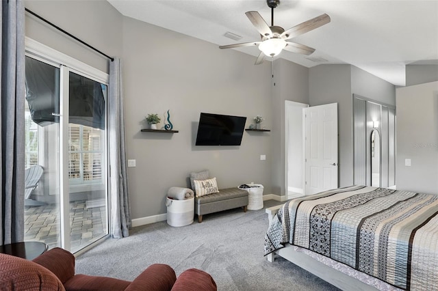 carpeted bedroom with access to outside, baseboards, and a ceiling fan