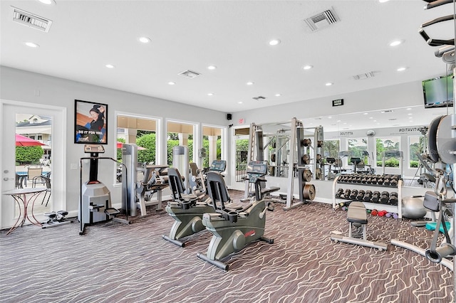 workout area featuring carpet floors, recessed lighting, plenty of natural light, and baseboards