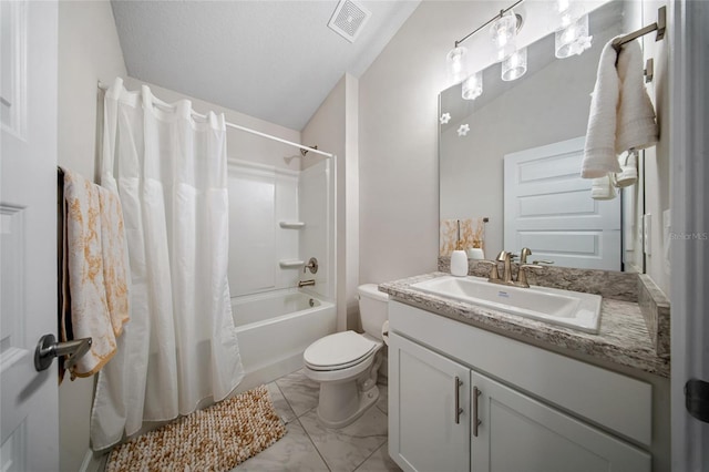 8137 Merano Ave, Fort Pierce, FL 34951 - bathroom featuring vanity, visible vents, toilet, marble finish floor, and shower / bath combo with shower curtain