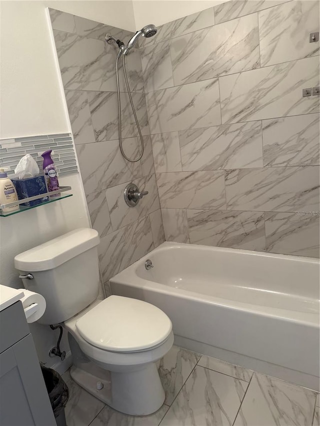 full bathroom featuring shower / bathtub combination, vanity, marble finish floor, and toilet