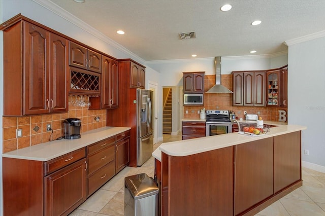4556 Serna Ave, Malabar, FL 32950 - kitchen with wall chimney exhaust hood, appliances with stainless steel finishes, tasteful backsplash, light countertops, and crown molding