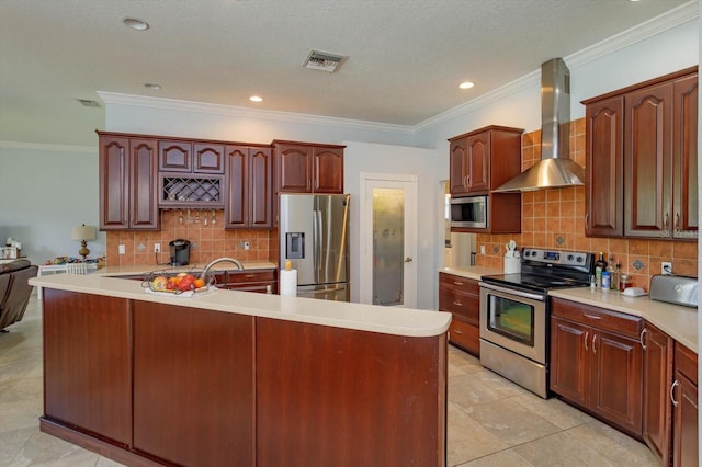 4556 Serna Ave, Malabar, FL 32950 - kitchen with appliances with stainless steel finishes, wall chimney exhaust hood, decorative backsplash, light countertops, and crown molding