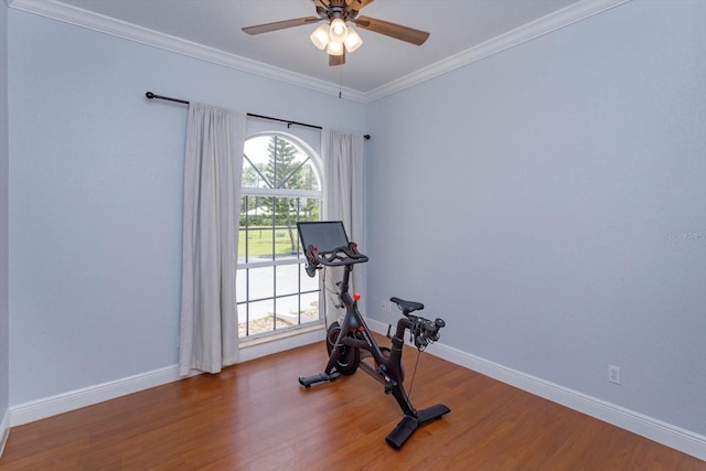 4556 Serna Ave, Malabar, FL 32950 - workout area featuring wood finished floors, crown molding, and ceiling fan