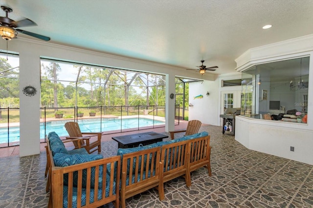 4556 Serna Ave, Malabar, FL 32950 - view of patio with a ceiling fan, an outdoor pool, an outdoor living space, and a lanai