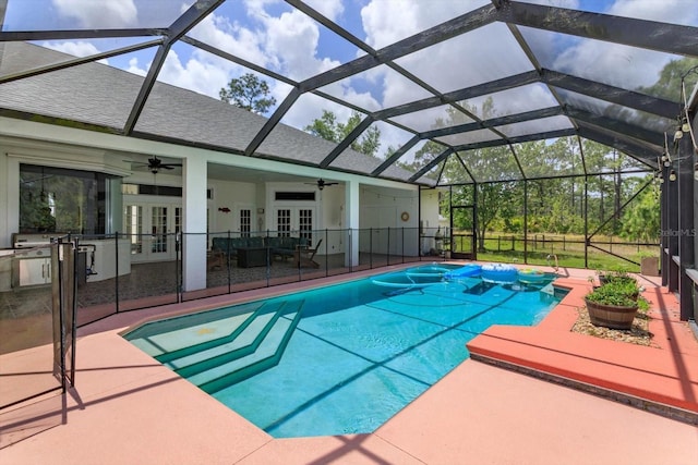 4556 Serna Ave, Malabar, FL 32950 - swimming pool with french doors, a ceiling fan, a patio, and a lanai