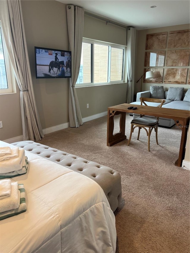 bedroom with baseboards, multiple windows, and carpet flooring