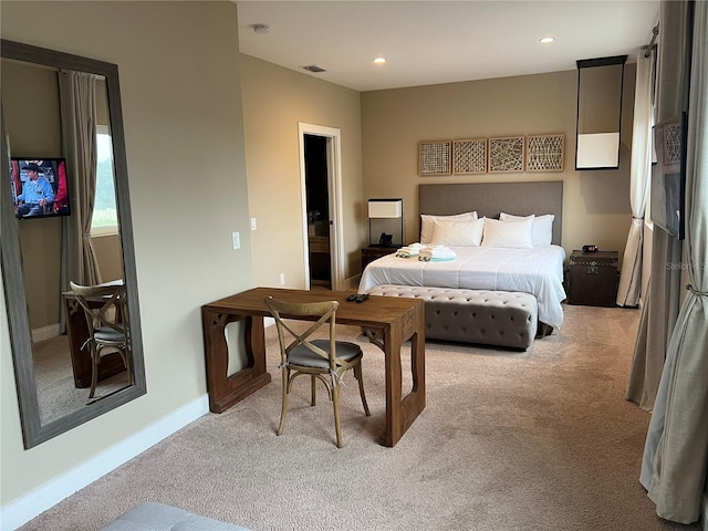 bedroom with carpet flooring, recessed lighting, baseboards, and visible vents