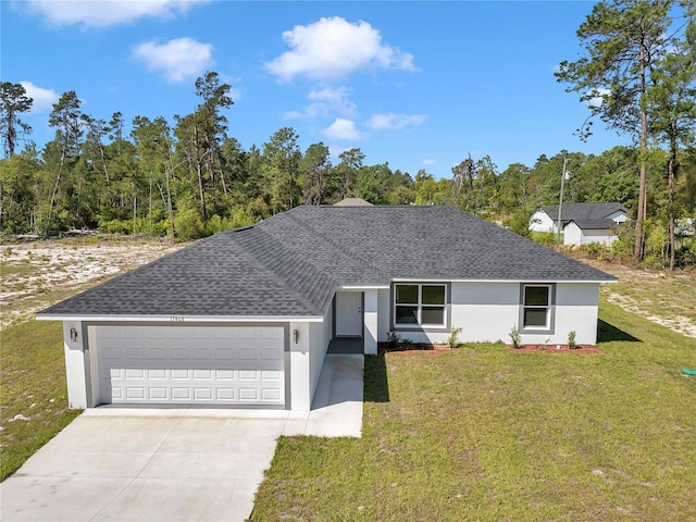17468 SW 36th Ter, Ocala, FL 34473 - ranch-style house with stucco siding, a front lawn, an attached garage, a shingled roof, and concrete driveway