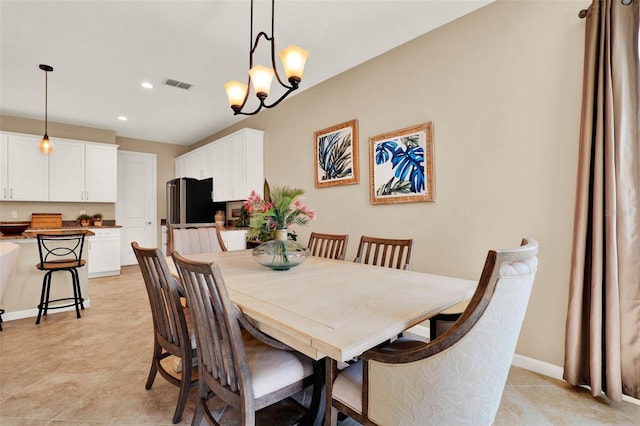 dining room featuring visible vents, recessed lighting, a chandelier, and light tile patterned flooring