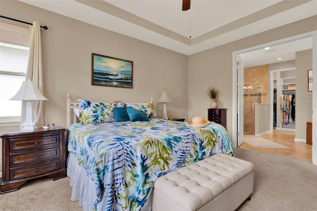 carpeted bedroom with recessed lighting and a ceiling fan