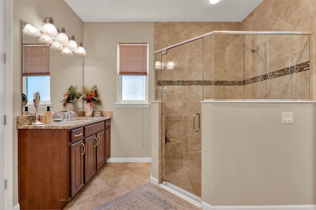 bathroom featuring a shower stall, tile patterned floors, and vanity