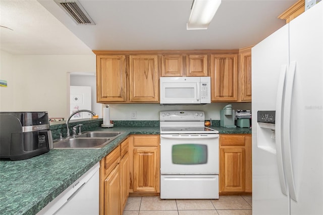 kitchen with dark countertops, visible vents, a sink, and white appliances