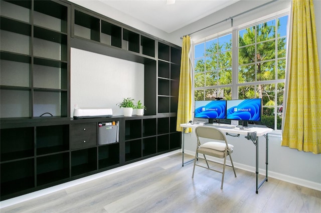 home office featuring wood finished floors and baseboards