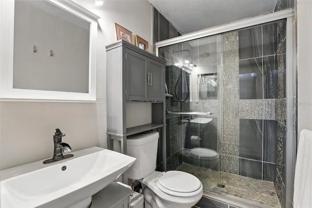 bathroom with a shower stall, toilet, and a sink