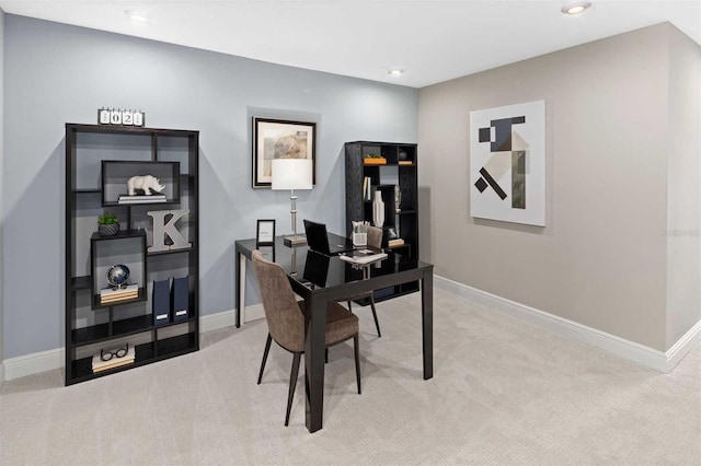 carpeted home office with baseboards and recessed lighting