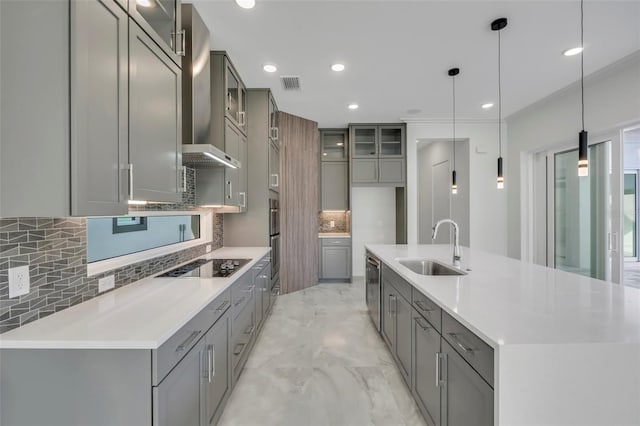 3024 Kensington Ave, Davenport, FL 33837 - kitchen with wall chimney exhaust hood, visible vents, gray cabinets, a sink, and backsplash