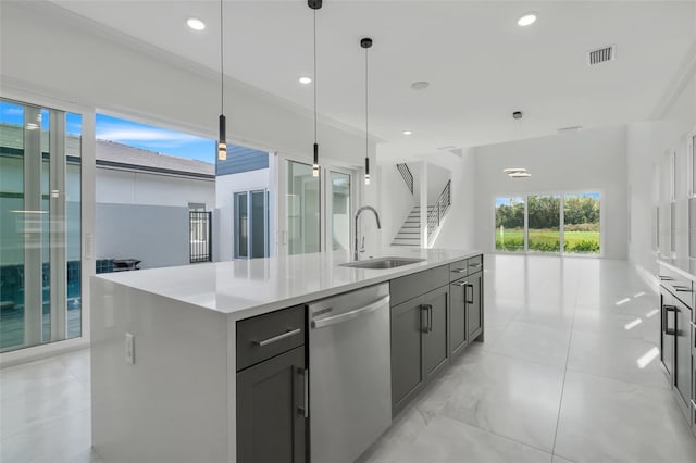 3024 Kensington Ave, Davenport, FL 33837 - kitchen with visible vents, dishwasher, a sink, light countertops, and a kitchen island with sink