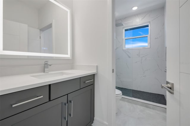 3024 Kensington Ave, Davenport, FL 33837 - bathroom with vanity, recessed lighting, toilet, a marble finish shower, and marble finish floor