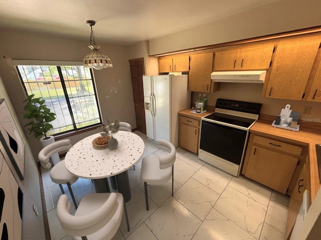 kitchen with range with electric stovetop, white fridge with ice dispenser, marble finish floor, light countertops, and under cabinet range hood