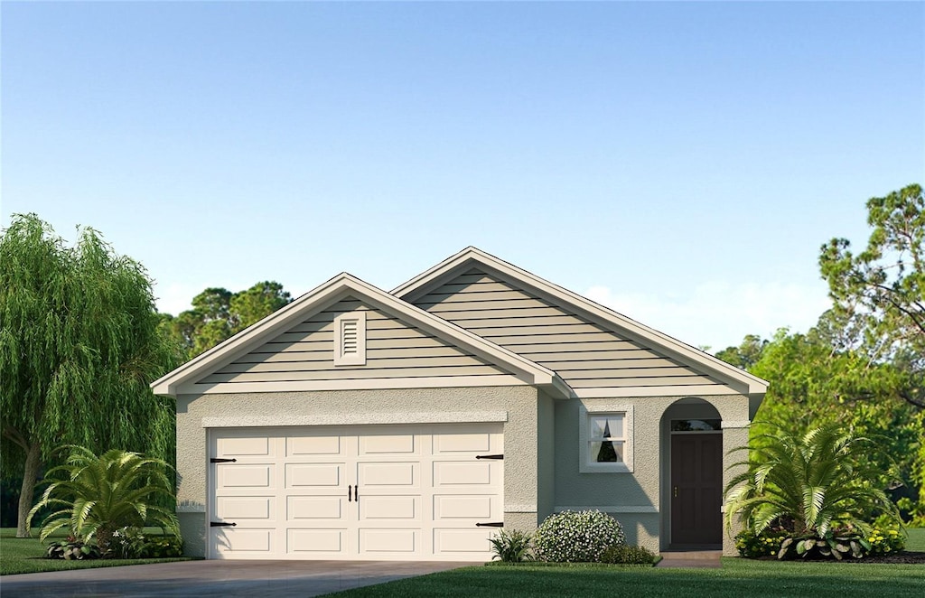 ranch-style house featuring an attached garage, driveway, stucco siding, and a front lawn
