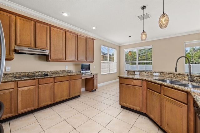 kitchen with under cabinet range hood, brown cabinets, and a sink