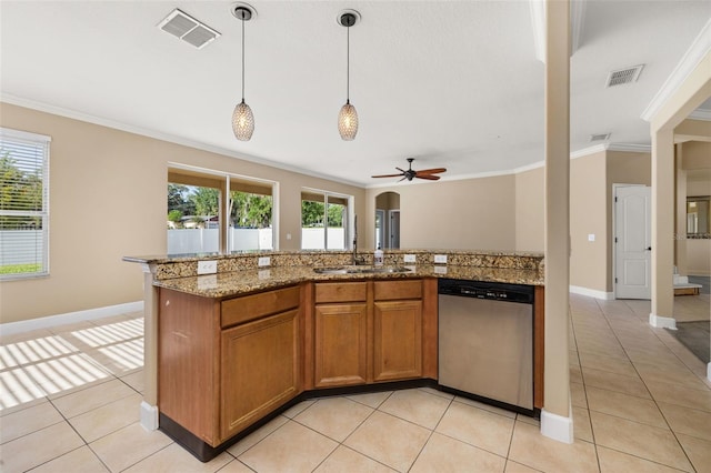 kitchen with crown molding, visible vents, brown cabinetry, and dishwasher