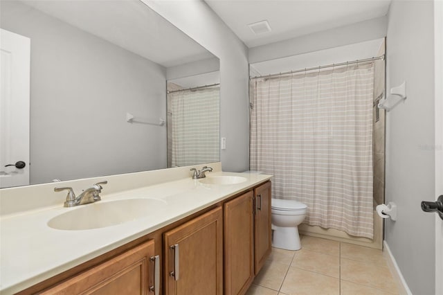 full bathroom with a sink, tile patterned flooring, toilet, and double vanity