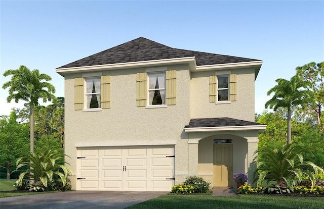 traditional home featuring an attached garage, a shingled roof, driveway, and stucco siding