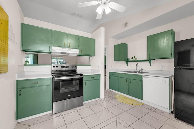 3205 Clewiston St, Deltona, FL 32738 - kitchen featuring freestanding refrigerator, stainless steel electric range oven, under cabinet range hood, a sink, and white dishwasher