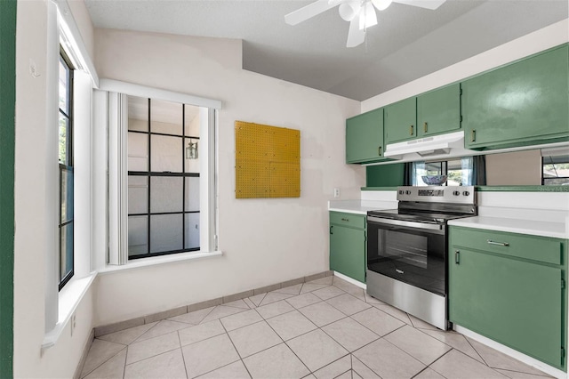 3205 Clewiston St, Deltona, FL 32738 - kitchen featuring stainless steel electric range oven, ceiling fan, green cabinetry, and under cabinet range hood