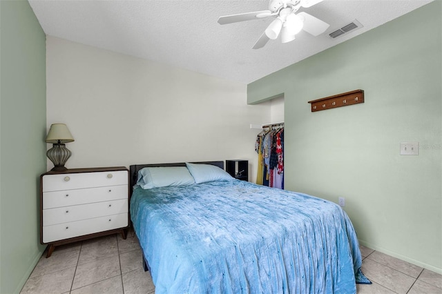 3205 Clewiston St, Deltona, FL 32738 - bedroom with a textured ceiling, ceiling fan, tile patterned flooring, and visible vents