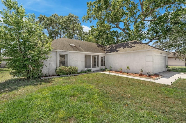 3205 Clewiston St, Deltona, FL 32738 - view of front facade featuring a garage, a shingled roof, stucco siding, and a front lawn