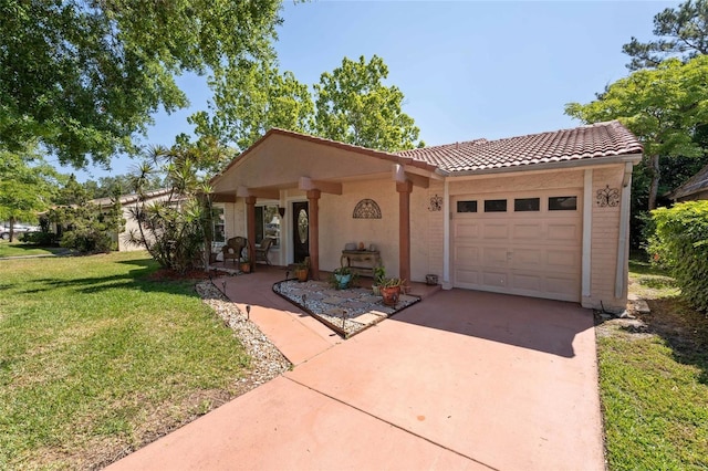 ranch-style home featuring an attached garage, stucco siding, a front yard, a tiled roof, and driveway