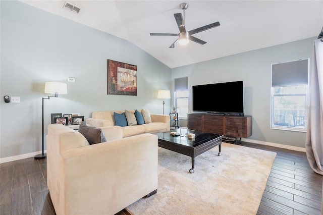 11506 Clair Pl, Clermont, FL 34711 - living area with dark wood-type flooring, visible vents, ceiling fan, and vaulted ceiling